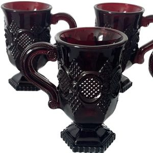 Set of 7 Vintage Avon 1876 Cape Cod Ruby Red Glass Mugs Pedestal Cups